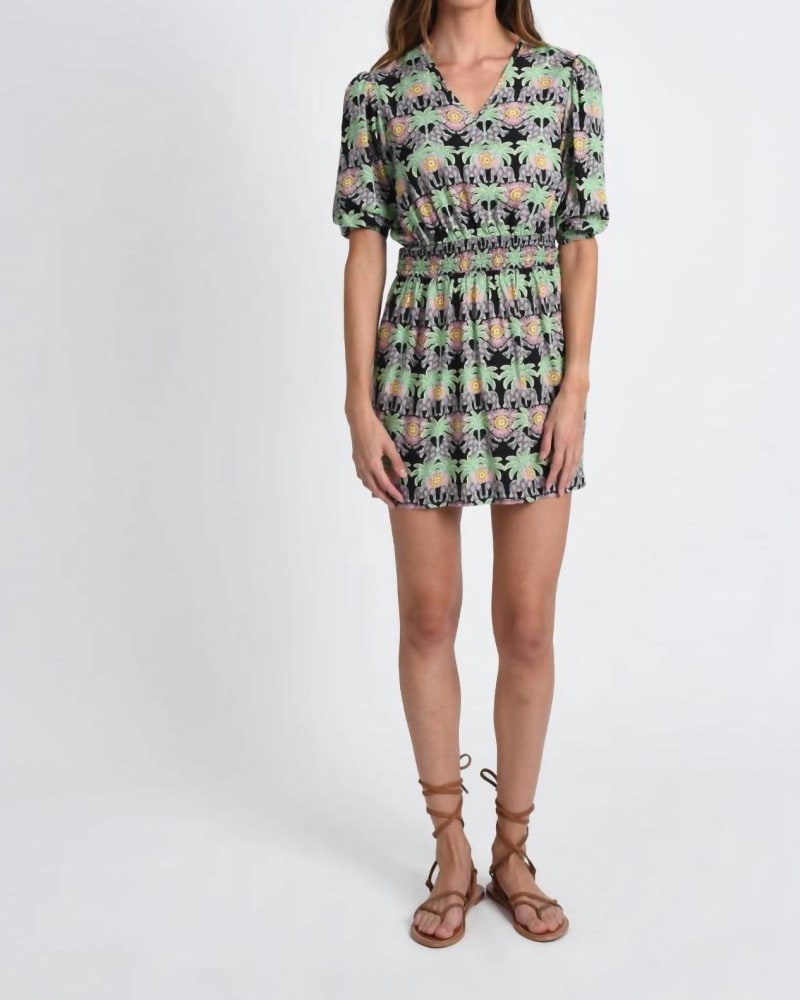 Front of a model wearing a size XL Ladies Mini Printed Beach Dress in Black Roxanne in Black Roxanne by MOLLY BRACKEN. | dia_product_style_image_id:337005
